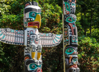 Native American Totem poles in Stanley Park, Vancouver.