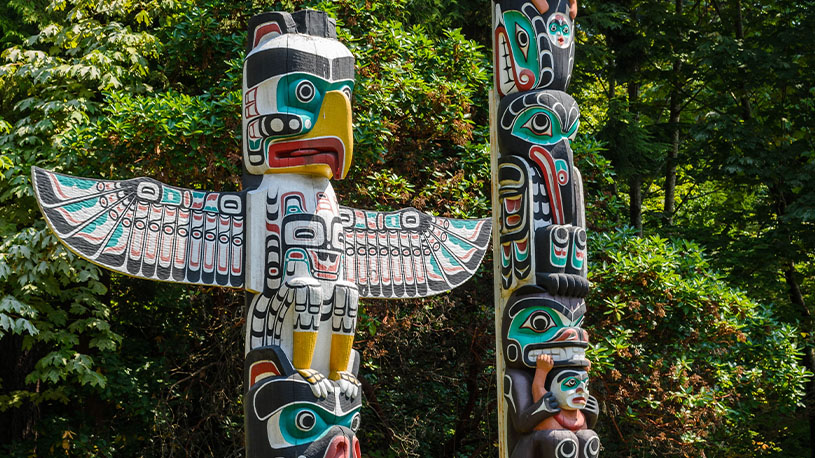 Native American Totem poles in Stanley Park, Vancouver.